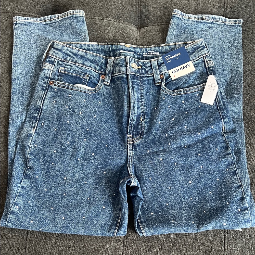 NWT Old Navy High-Rise OG Straight Ankle Rhinestone Front dark blue Jeans